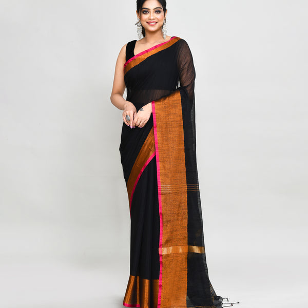 Piyari Fashion Women`s Cotton Silk Black Handloom Saree With Blouse - Distacart