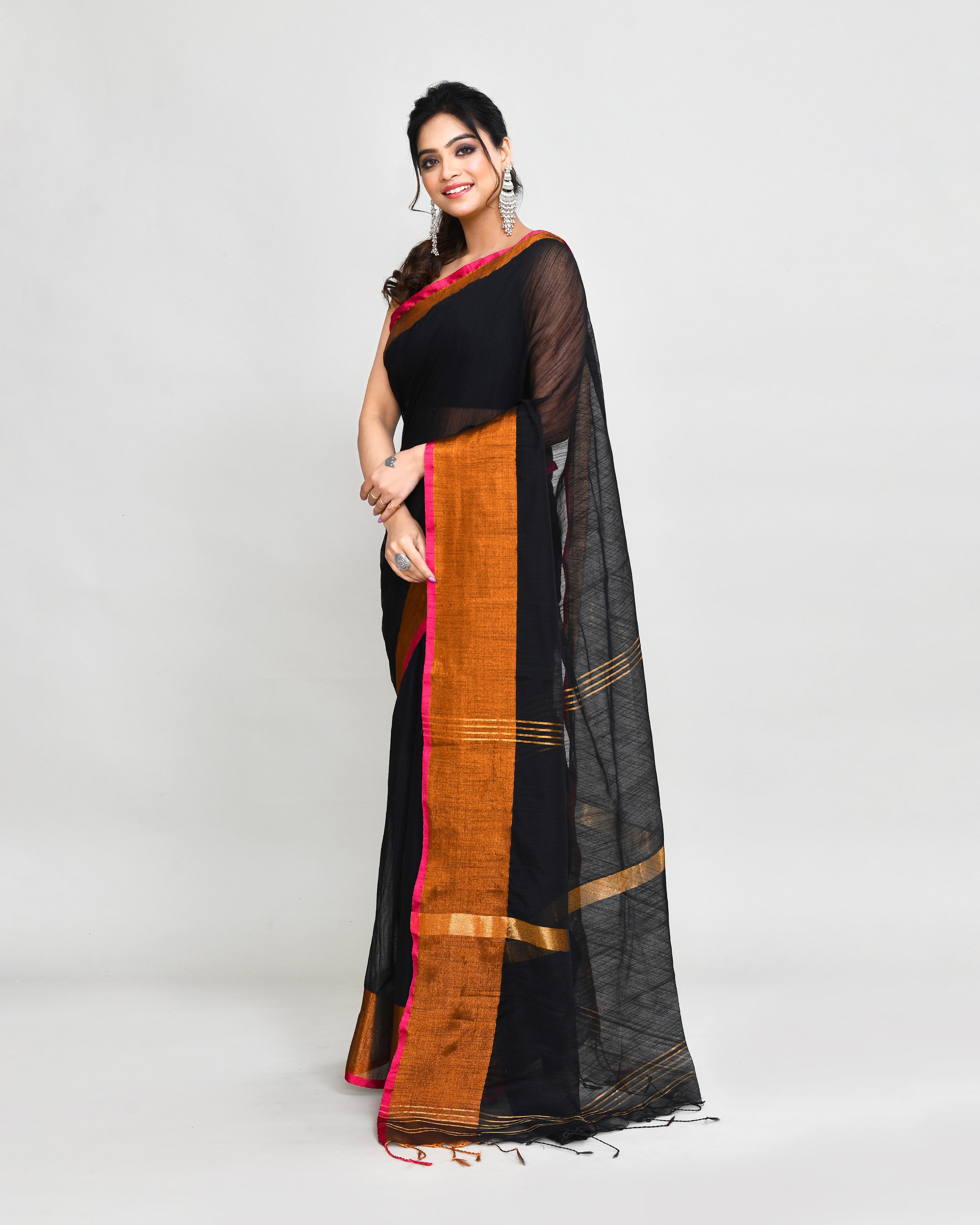 Piyari Fashion Women`s Cotton Silk Black Handloom Saree With Blouse