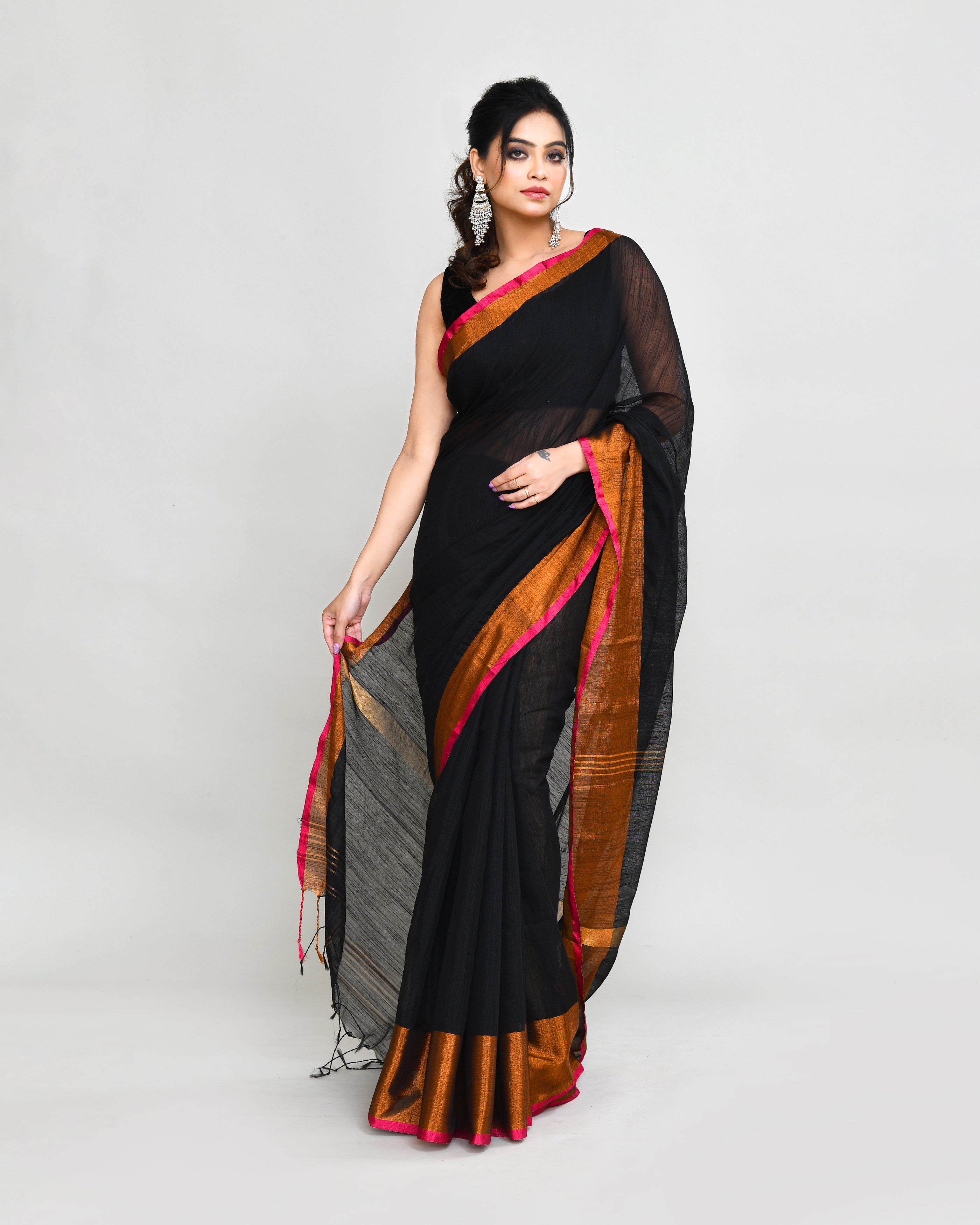 Piyari Fashion Women`s Cotton Silk Black Handloom Saree With Blouse