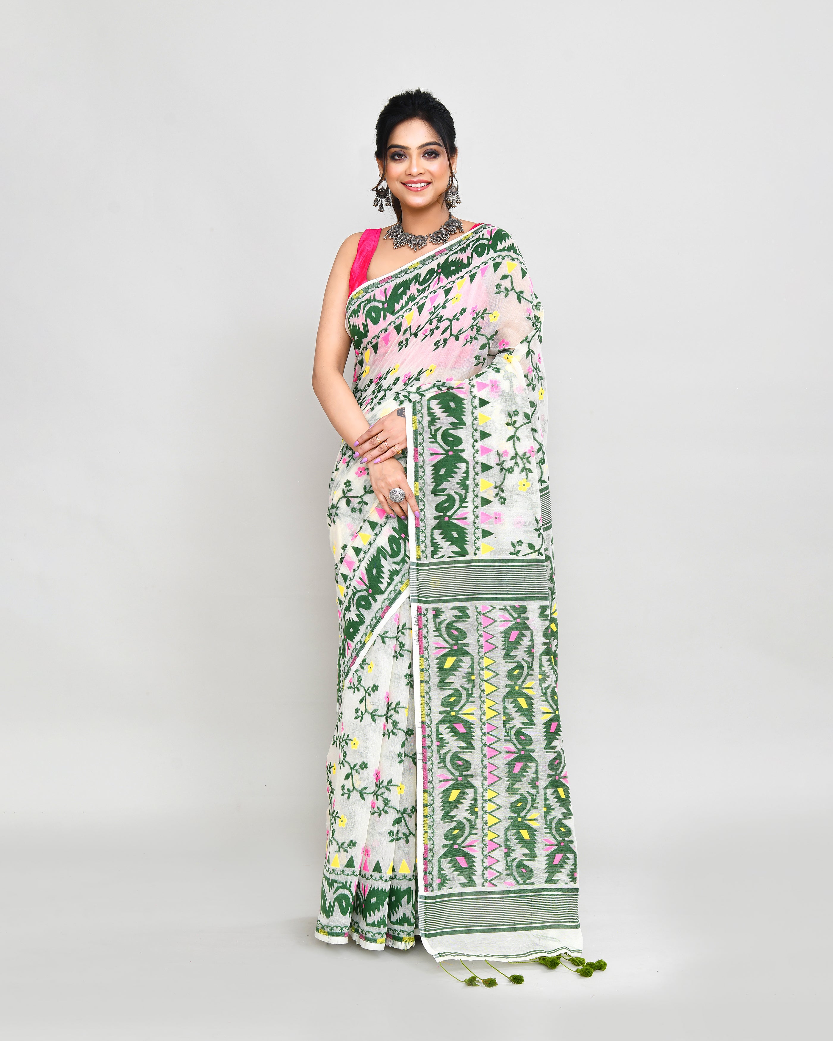 Piyari Fashion Women's Off White Green Cotton Silk Jamdani Saree