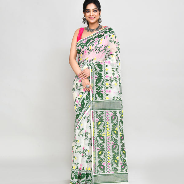 Piyari Fashion Women's Off White Green Cotton Silk Jamdani Saree - Distacart