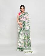 Thumbnail for Piyari Fashion Women's Off White Green Cotton Silk Jamdani Saree