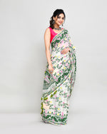 Thumbnail for Piyari Fashion Women's Off White Green Cotton Silk Jamdani Saree