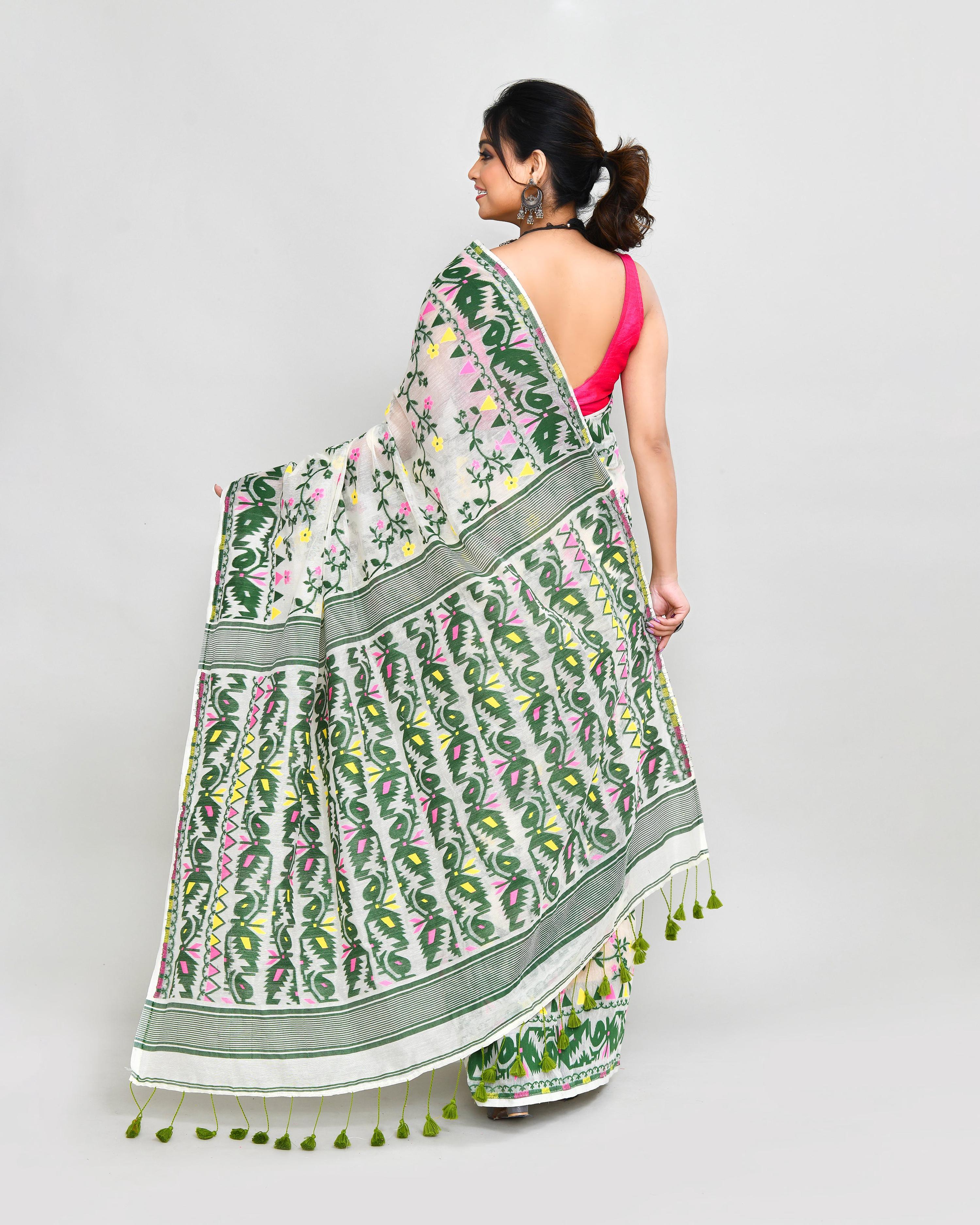 Piyari Fashion Women's Off White Green Cotton Silk Jamdani Saree