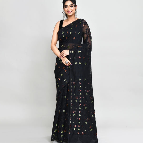 Piyari Fashion Women's Black Cotton Silk Jamdani Saree With Tassels - Distacart
