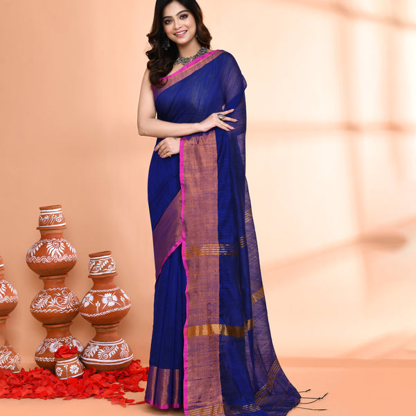 Piyari Fashion Women`s Cotton Silk Royel Blue Handloom Saree With Blouse - Distacart