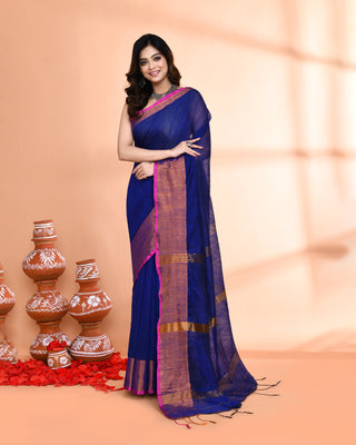 Piyari Fashion Women`s Cotton Silk Royel Blue Handloom Saree With Blouse