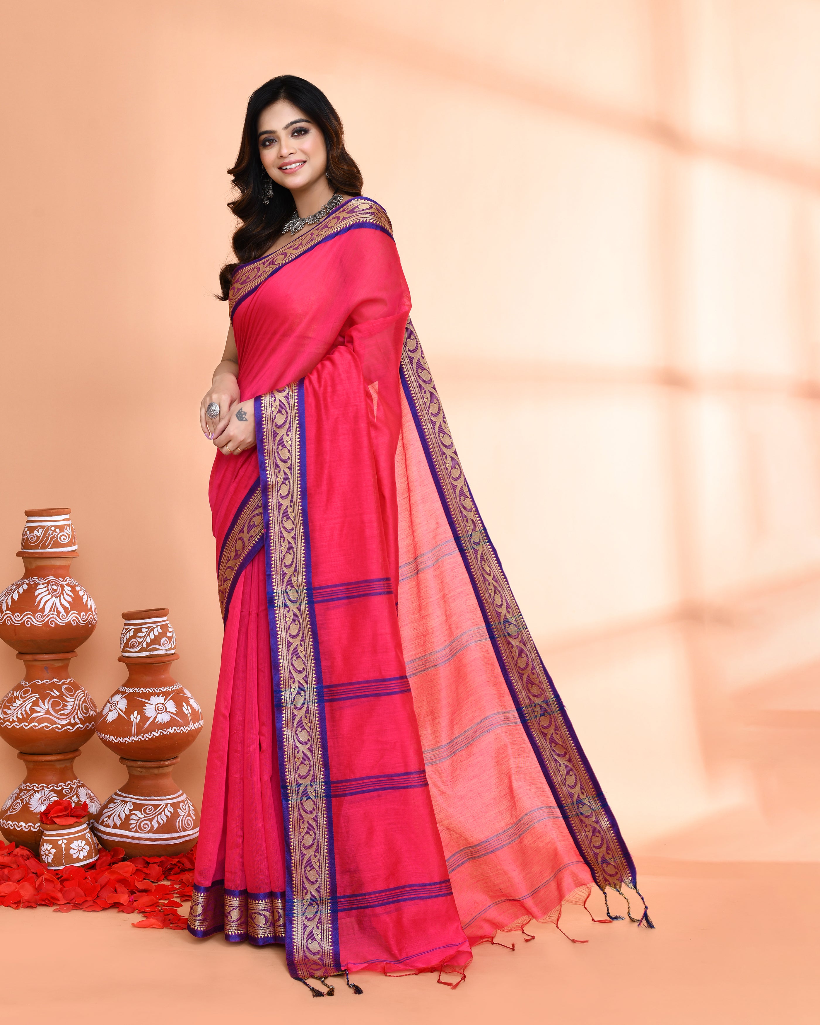 Piyari Fashion Women`s Cotton Silk Rose Handloom Saree With Blouse