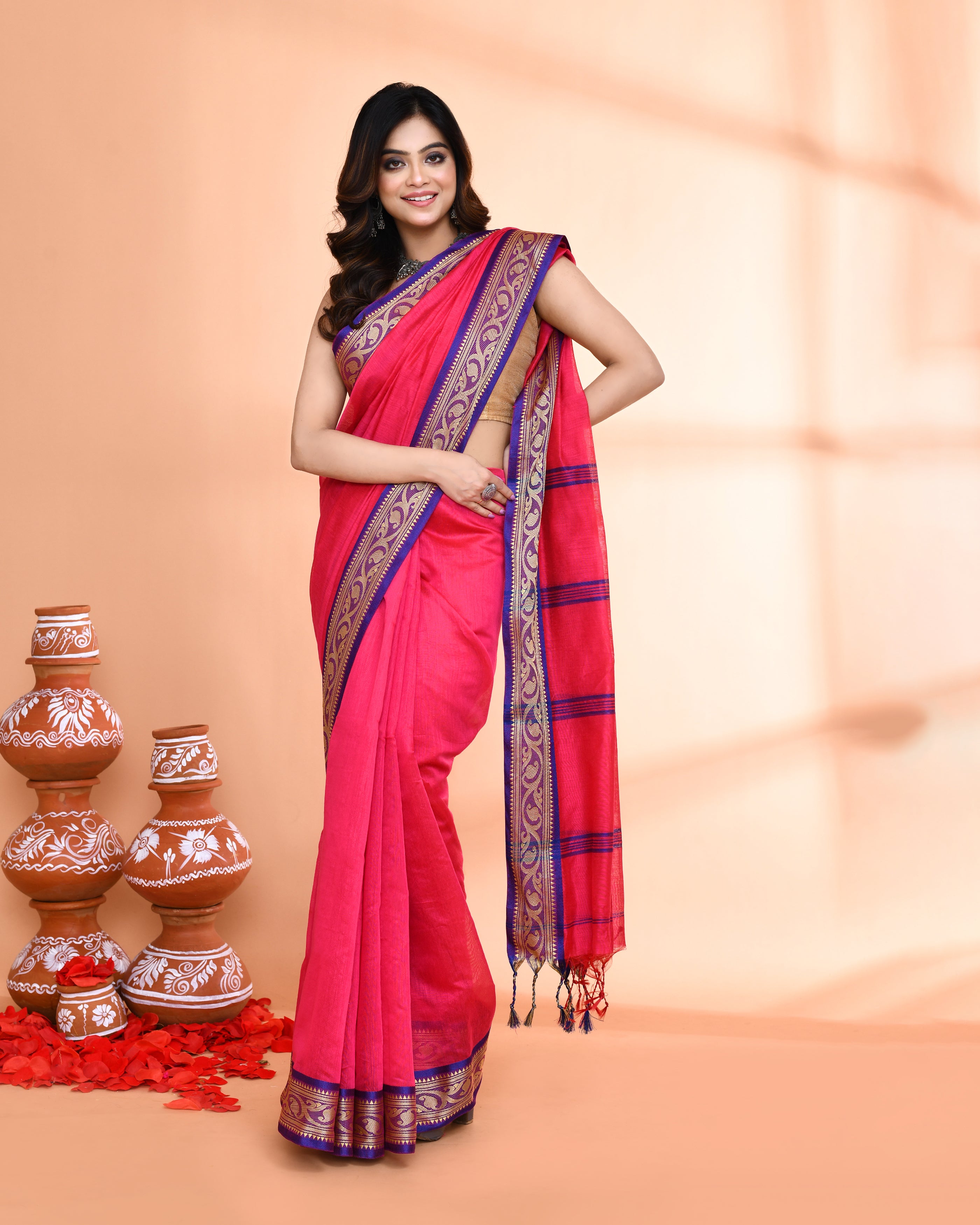 Piyari Fashion Women`s Cotton Silk Rose Handloom Saree With Blouse