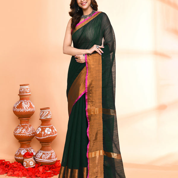 Piyari Fashion Women`s Cotton Blend Dark Green Handloom Saree With Blouse - Distacart