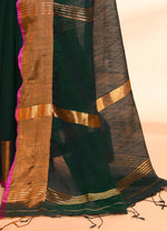 Thumbnail for Piyari Fashion Women`s Cotton Blend Dark Green Handloom Saree With Blouse