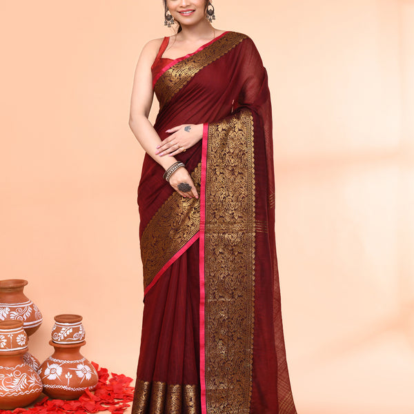 Piyari Fashion Women`s Cotton Blend Maroon Handloom Saree With Blouse - Distacart