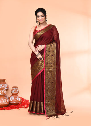 Piyari Fashion Women`s Cotton Blend Maroon Handloom Saree With Blouse