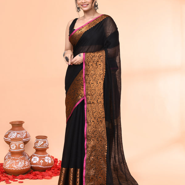 Piyari Fashion Women`s Cotton Blend Black Handloom Saree With Blouse - Distacart