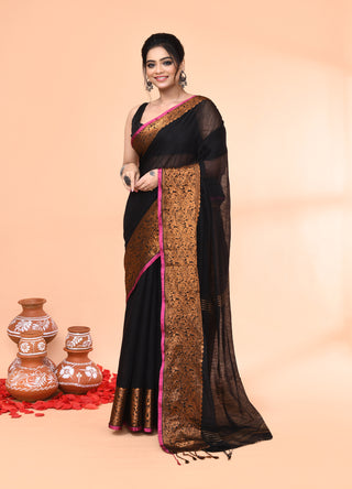 Piyari Fashion Women`s Cotton Blend Black Handloom Saree With Blouse