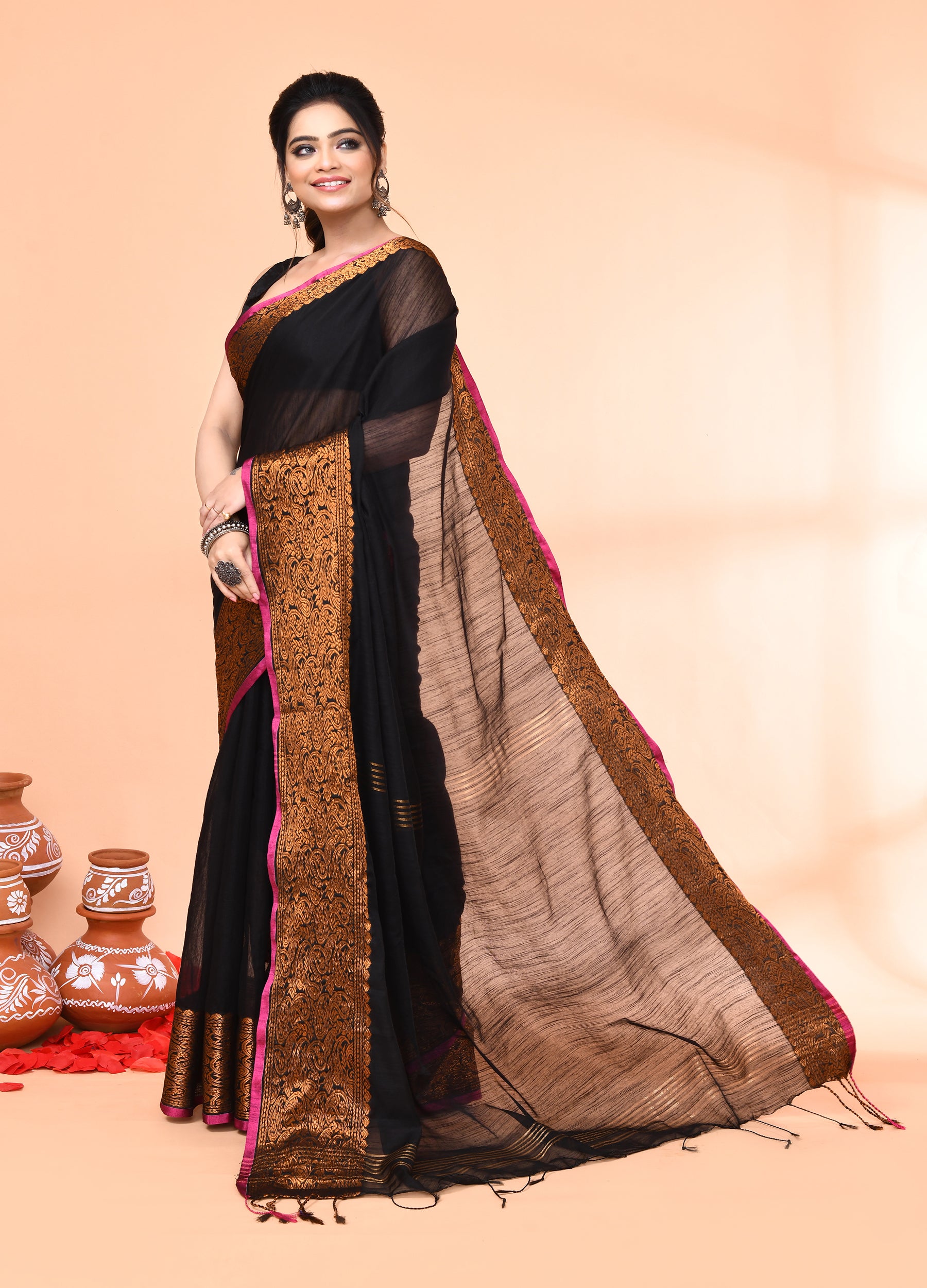 Piyari Fashion Women`s Cotton Blend Black Handloom Saree With Blouse