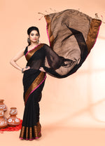 Thumbnail for Piyari Fashion Women`s Cotton Blend Black Handloom Saree With Blouse