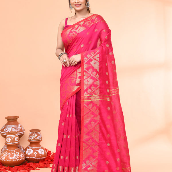 Piyari Fashion Women`s Cotton Blend Rani Handloom Saree With Blouse - Distacart