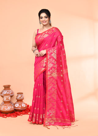 Piyari Fashion Women`s Cotton Blend Rani Handloom Saree With Blouse