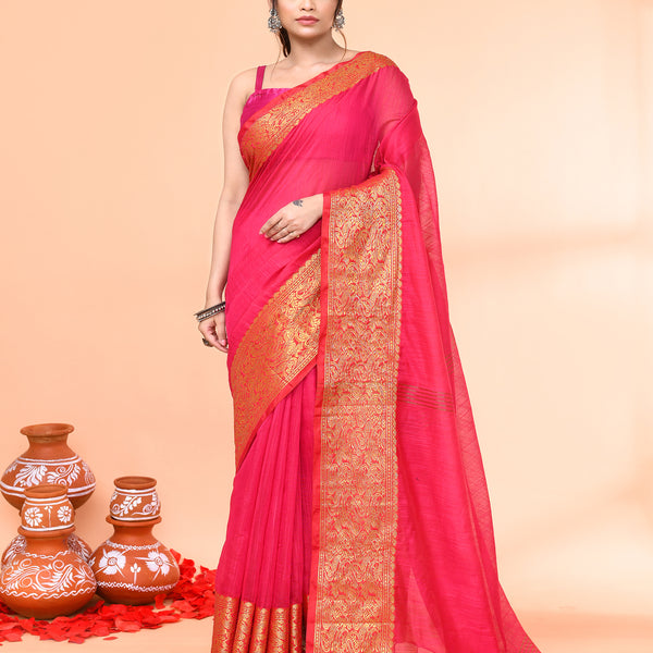 Piyari Fashion Women`s Cotton Blend Rani Handloom Saree With Blouse - Distacart