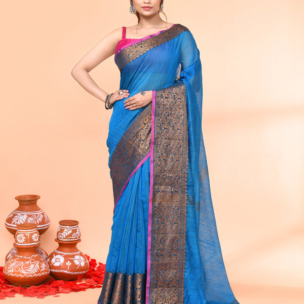 Piyari Fashion Women`s Cotton Blend Sky Blue Handloom Saree With Blouse - Distacart