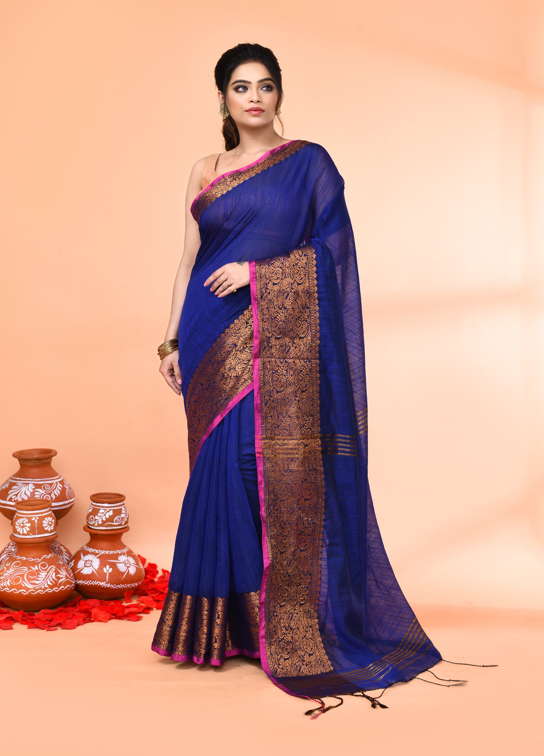 Piyari Fashion Women`s Cotton Blend Royel Blue Handloom Saree With Blouse