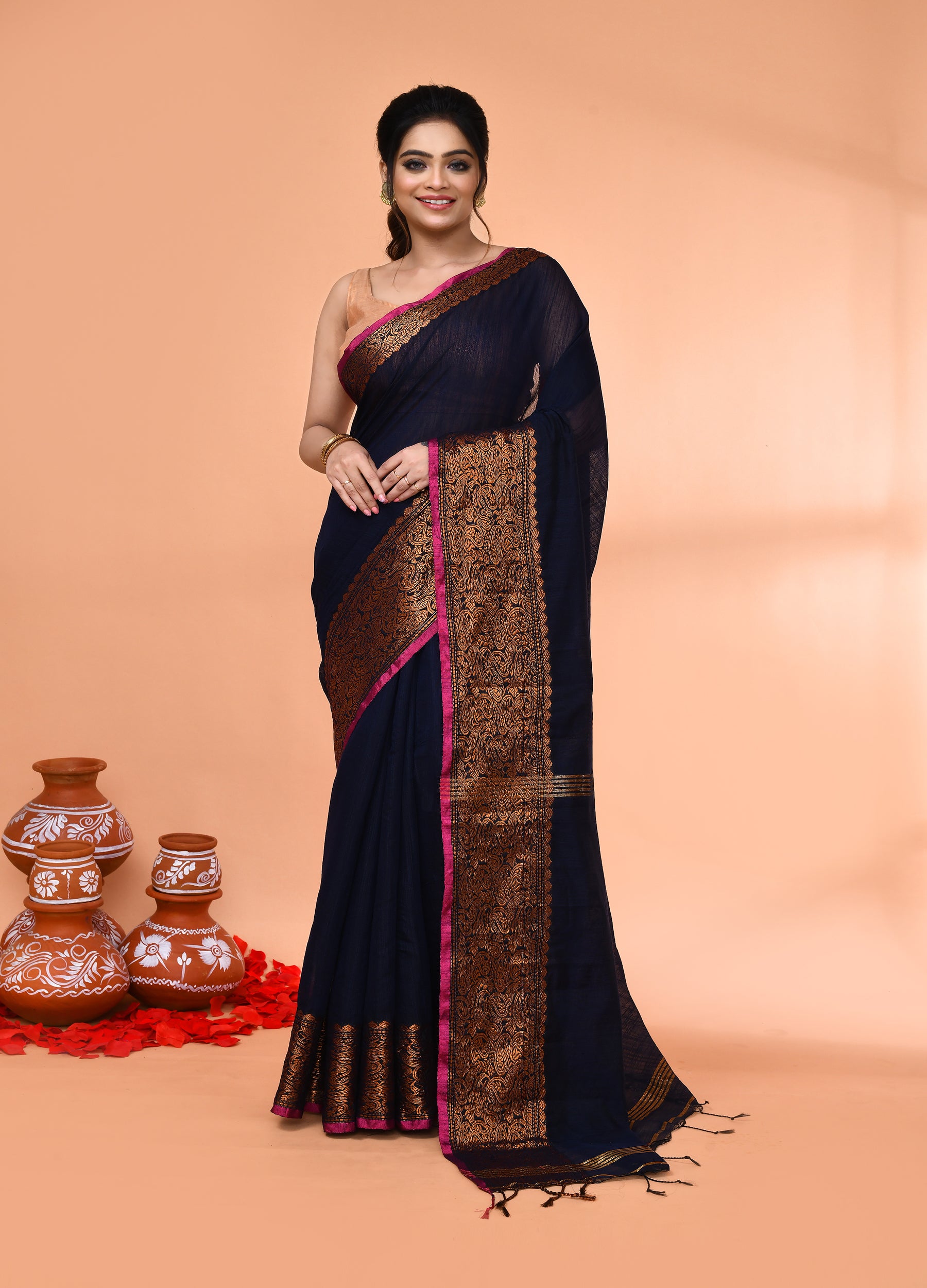 Piyari Fashion Women`s Cotton Blend Navy Blue Handloom Saree With Blouse