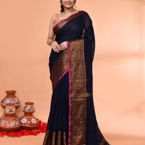 Piyari Fashion Women`s Cotton Blend Navy Blue Handloom Saree With Blouse - Distacart