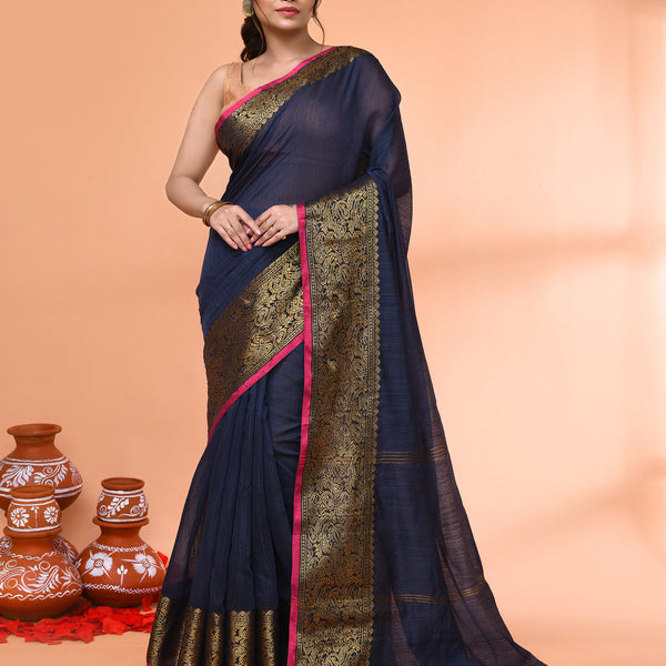 Piyari Fashion Women`s Cotton Blend Grey Handloom Saree With Blouse - Distacart