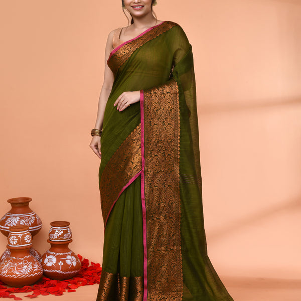 Piyari Fashion Women`s Cotton Blend Moss Green Handloom Saree With Blouse - Distacart