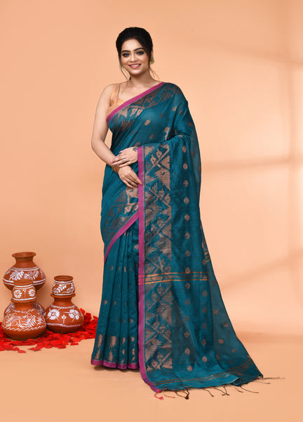 Piyari Fashion Women`s Cotton Blend Teal Handloom Saree With Blouse