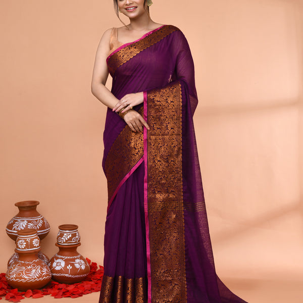 Piyari Fashion Women`s Cotton Blend Magenta Handloom Saree With Blouse - Distacart