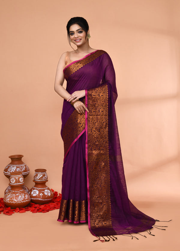 Piyari Fashion Women`s Cotton Blend Magenta Handloom Saree With Blouse