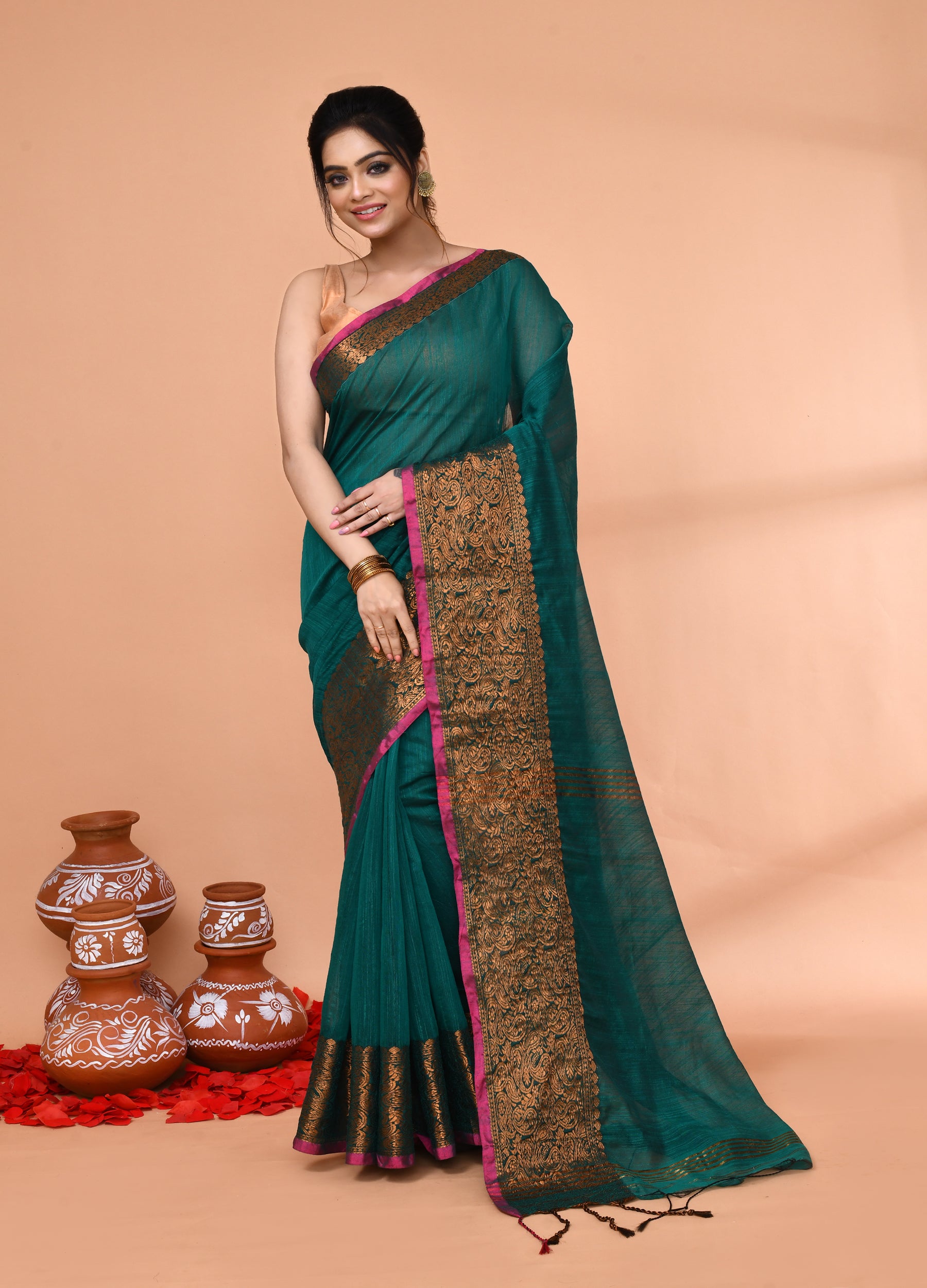 Piyari Fashion Women`s Cotton Blend Teal Handloom Saree With Blouse