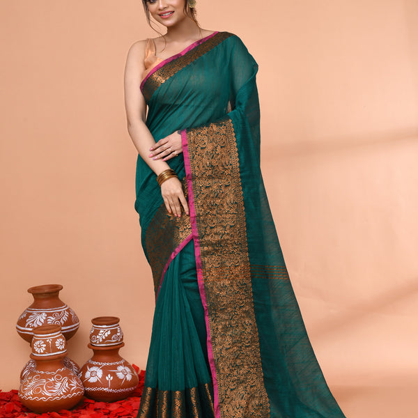 Piyari Fashion Women`s Cotton Blend Teal Handloom Saree With Blouse - Distacart