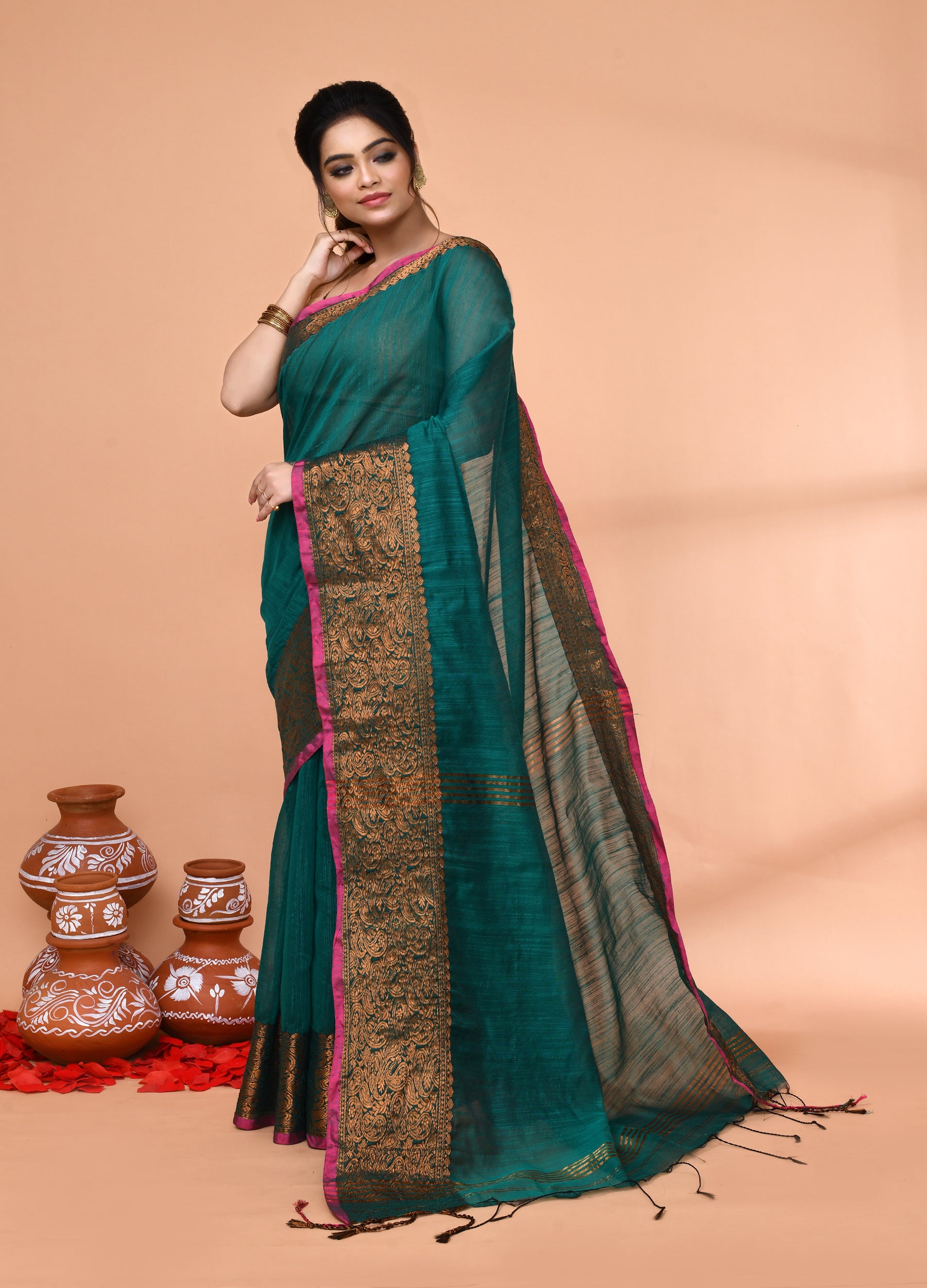 Piyari Fashion Women`s Cotton Blend Teal Handloom Saree With Blouse