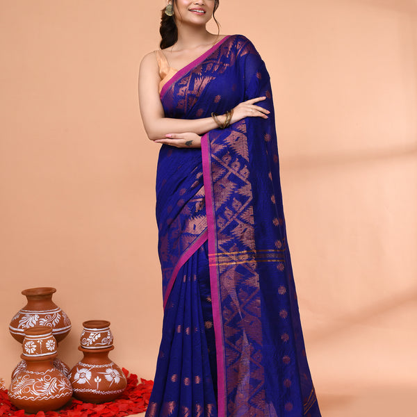 Piyari Fashion Women`s Cotton Blend Royel Blue Handloom Saree With Blouse - Distacart