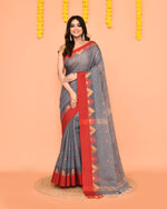 Thumbnail for Piyari Fashion Women's Grey Cotton Blend Handloom Saree With Red Temple Border