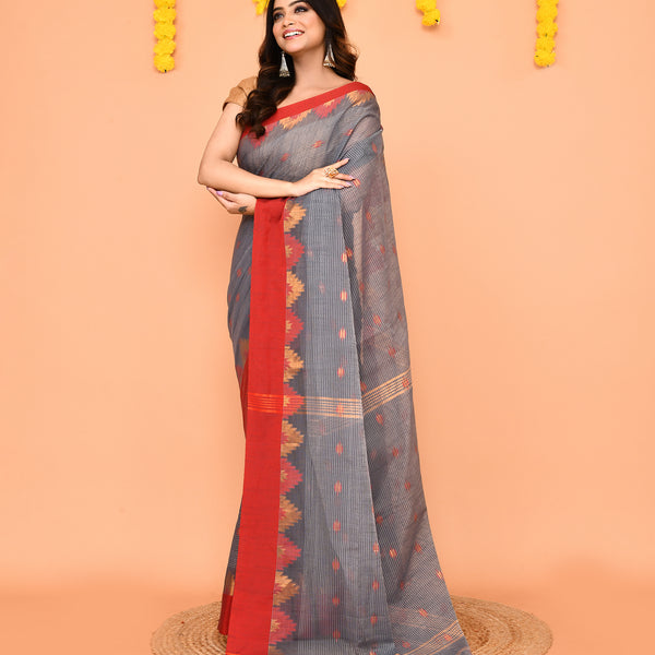 Piyari Fashion Women's Grey Cotton Blend Handloom Saree With Red Temple Border - Distacart