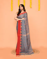 Thumbnail for Piyari Fashion Women's Grey Cotton Blend Handloom Saree With Red Temple Border
