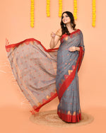 Thumbnail for Piyari Fashion Women's Grey Cotton Blend Handloom Saree With Red Temple Border