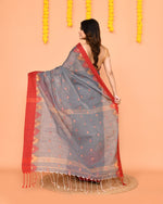 Thumbnail for Piyari Fashion Women's Grey Cotton Blend Handloom Saree With Red Temple Border