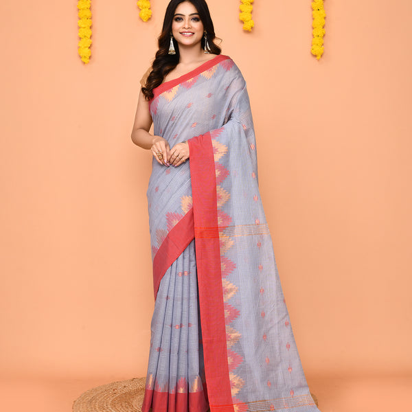 Piyari Fashion Women's Sky Blue Cotton Blend Handloom Saree With Red Temple Border