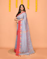 Thumbnail for Piyari Fashion Women's Sky Blue Cotton Blend Handloom Saree With Red Temple Border