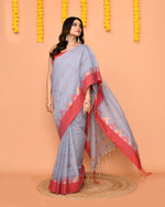 Thumbnail for Piyari Fashion Women's Sky Blue Cotton Blend Handloom Saree With Red Temple Border