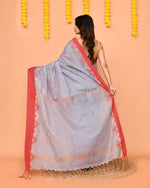 Thumbnail for Piyari Fashion Women's Sky Blue Cotton Blend Handloom Saree With Red Temple Border