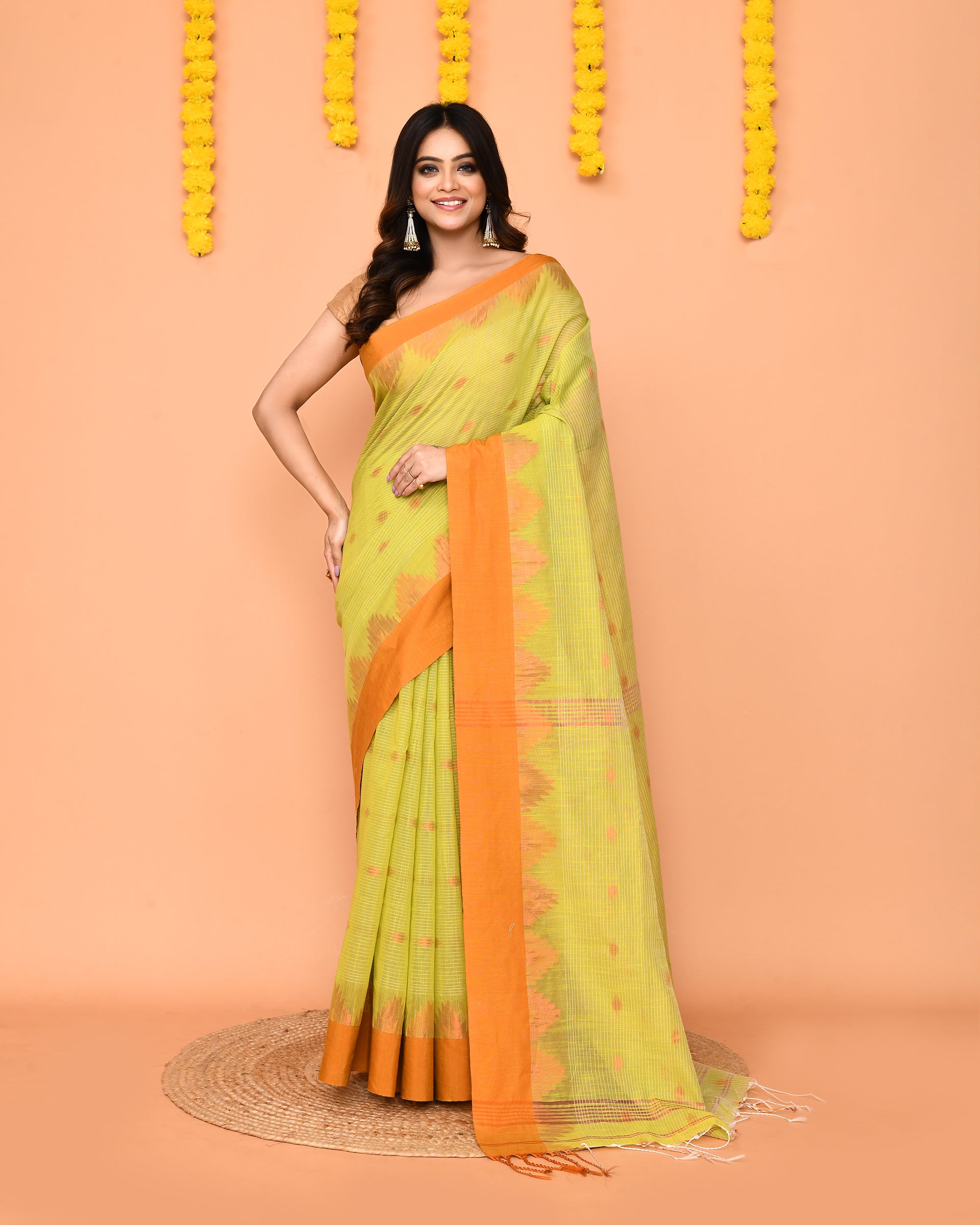 Piyari Fashion Women's Lime Yellow Cotton Blend Handloom Saree With Brown Temple Border