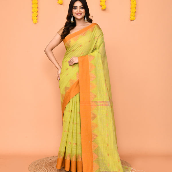 Piyari Fashion Women's Lime Yellow Cotton Blend Handloom Saree With Brown Temple Border