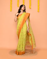 Thumbnail for Piyari Fashion Women's Lime Yellow Cotton Blend Handloom Saree With Brown Temple Border