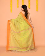 Thumbnail for Piyari Fashion Women's Lime Yellow Cotton Blend Handloom Saree With Brown Temple Border